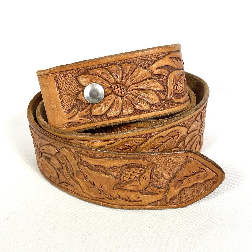 TREASA Tooled Leather Western Belt Strap 32 Tan Floral Cowboy - Picture 3 of 7